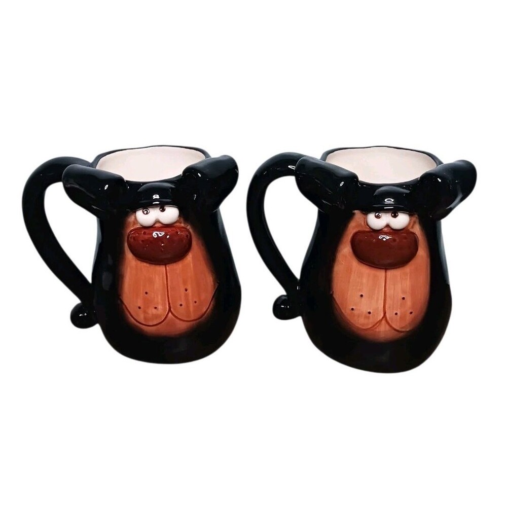 NEW PAIR Russ Berrie Signed Douglas 3D Ceramic Dog Coffee Mugs Cups Brown Black